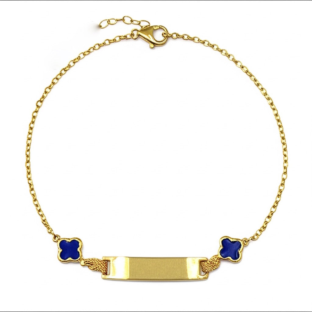 Wrist view of 10k yellow gold baby blue clover ID bracelet