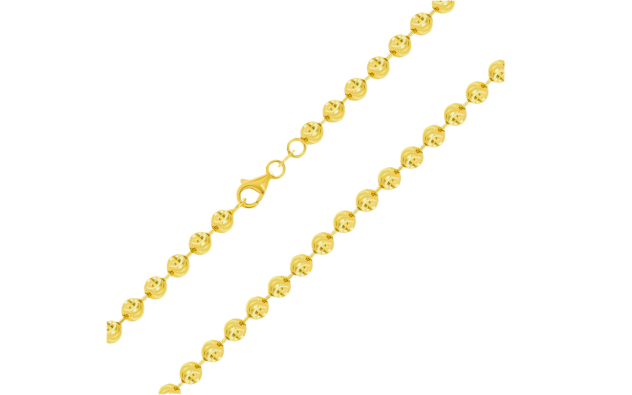 10k yellow gold 4mm moon cut chain with diamond cut finish on white background