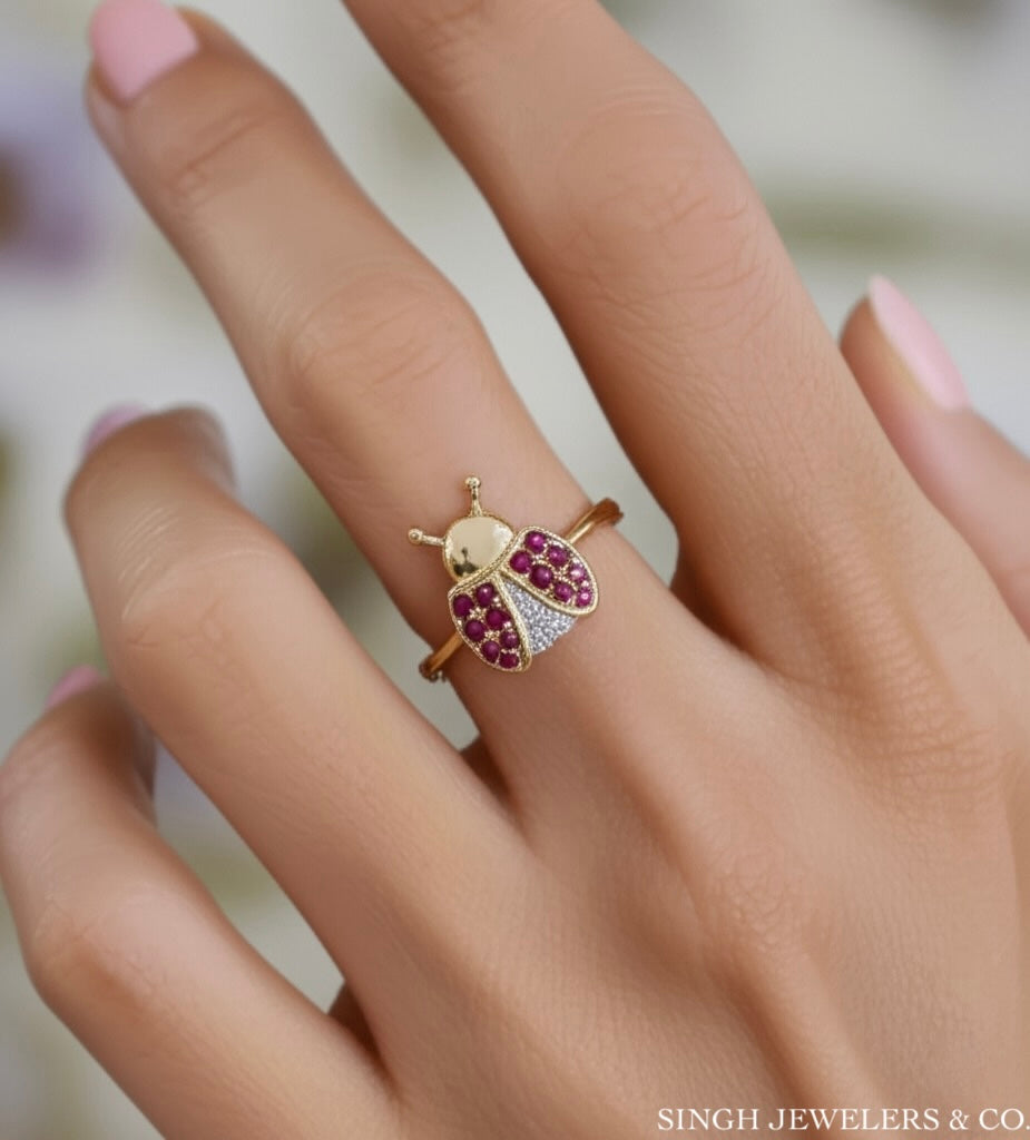 10K yellow gold ring with ruby, pink sapphire and natural diamond stones
