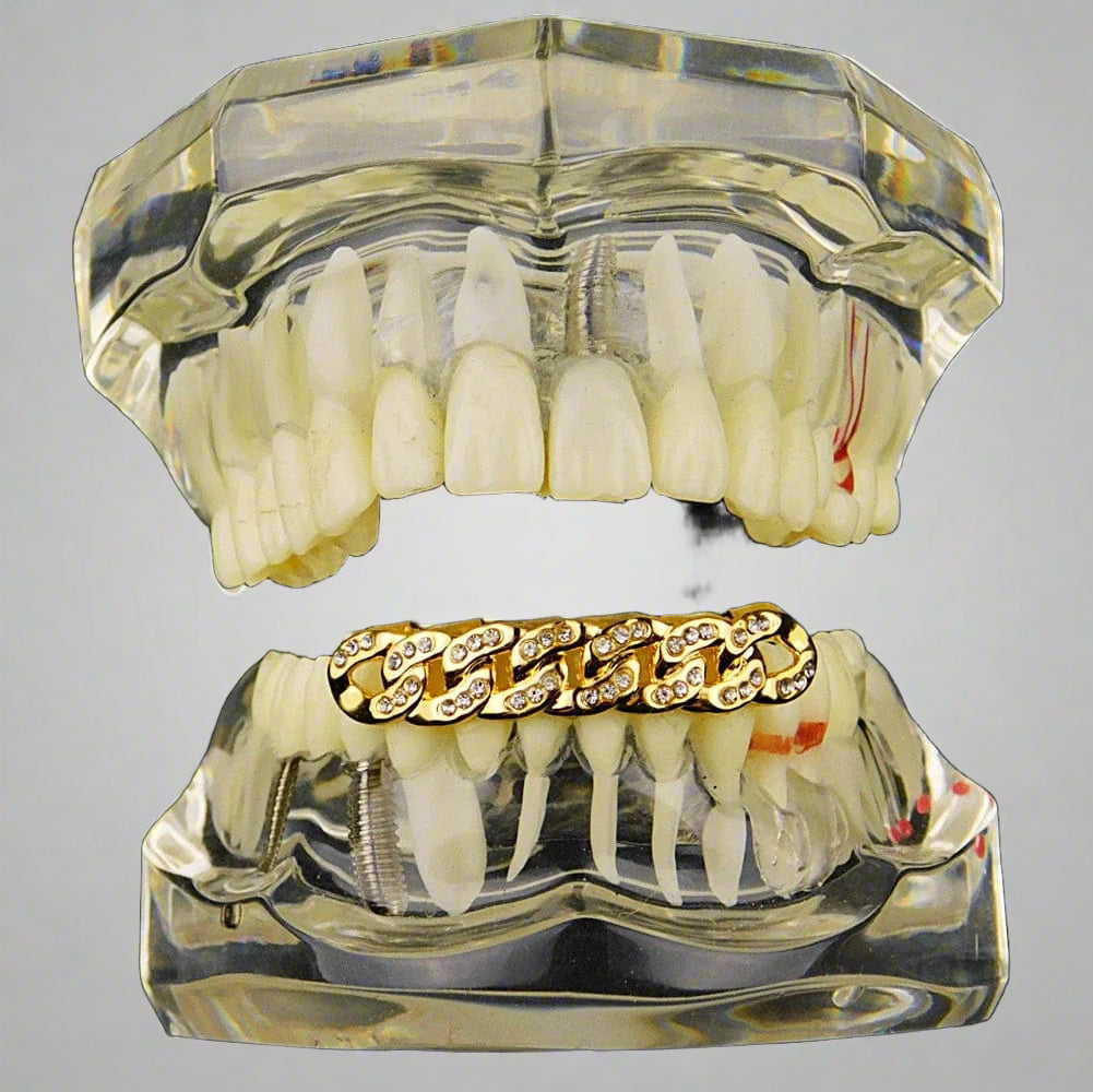 Gold tone Cuban link grillz with cubic zirconia for bottom teeth