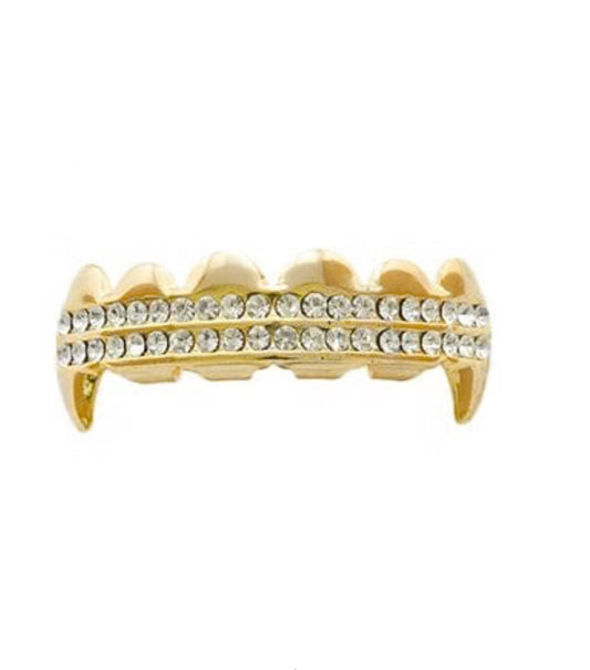 Gold Tone Hip Hop Grillz with Double Row Cubic Zirconia on Top Teeth