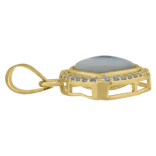 Close-up of good luck evil eye protection pendant with cubic zirconia in 10k yellow gold