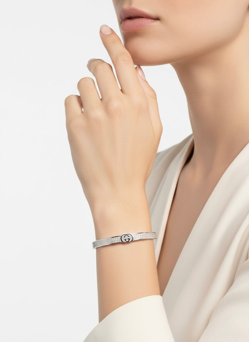 Woman wearing Gucci-inspired stainless steel bangle