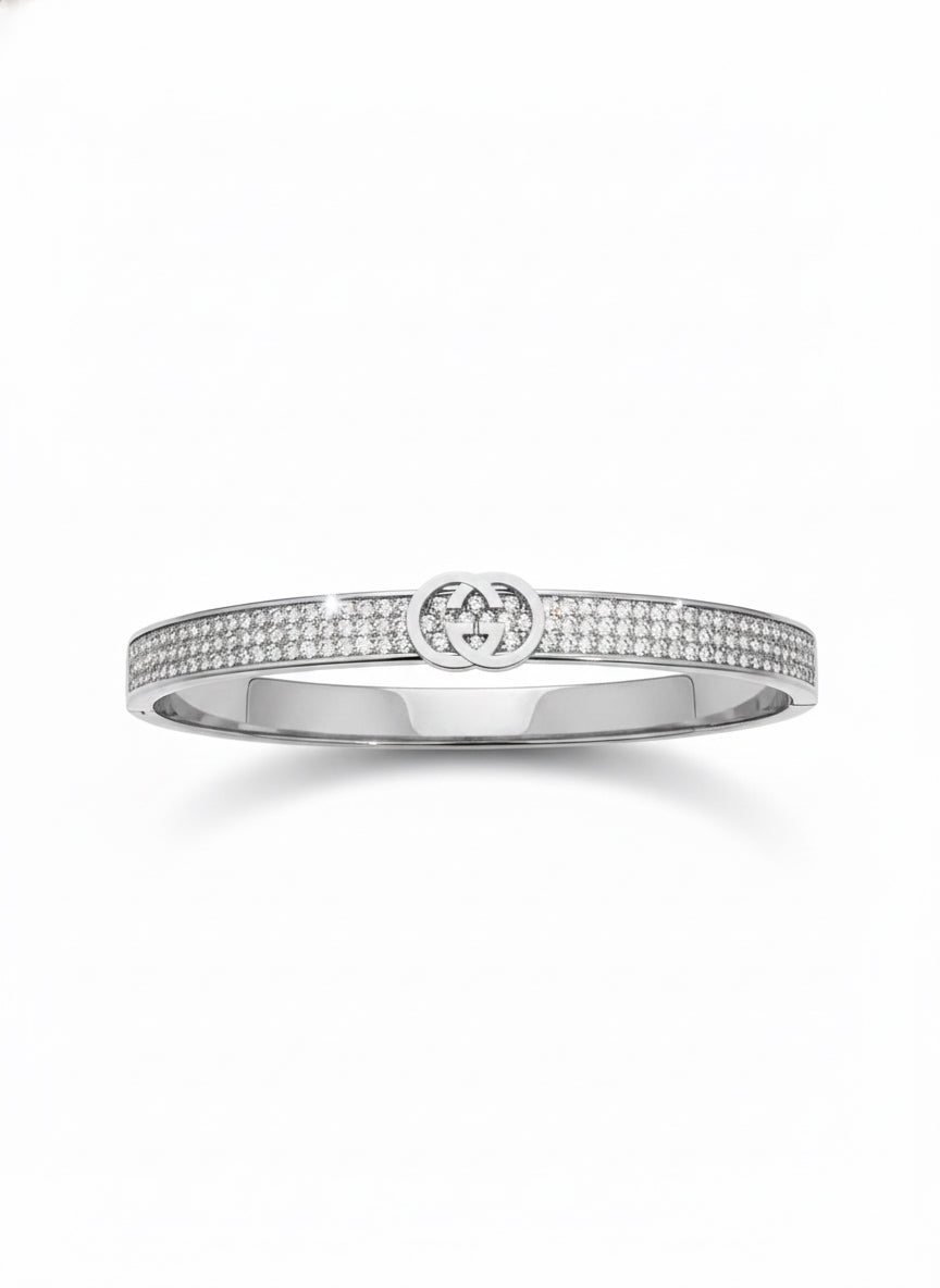 Gucci-inspired stainless steel bangle with white sapphires