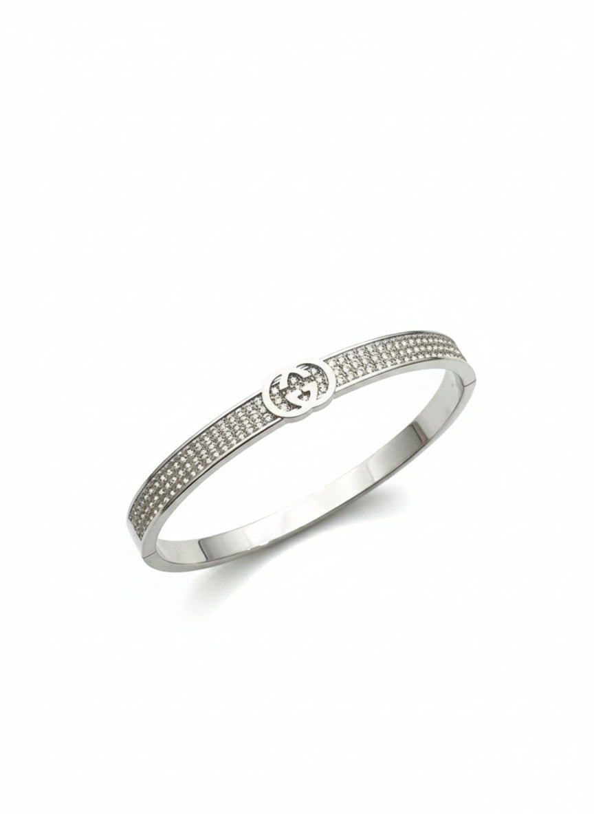 Close-up of Gucci-inspired designer stainless steel bracelet