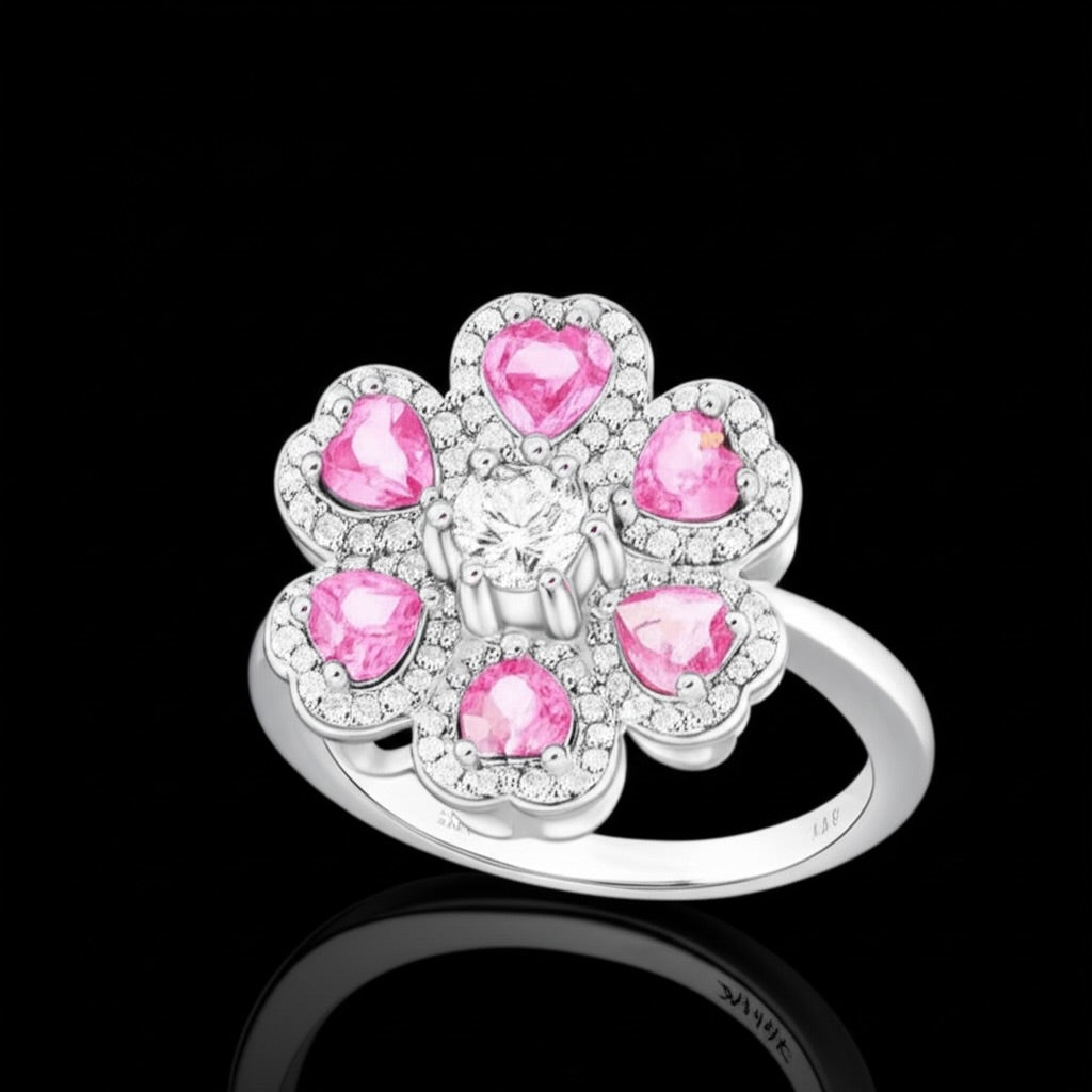 Silver ring with pink gemstones on a black background