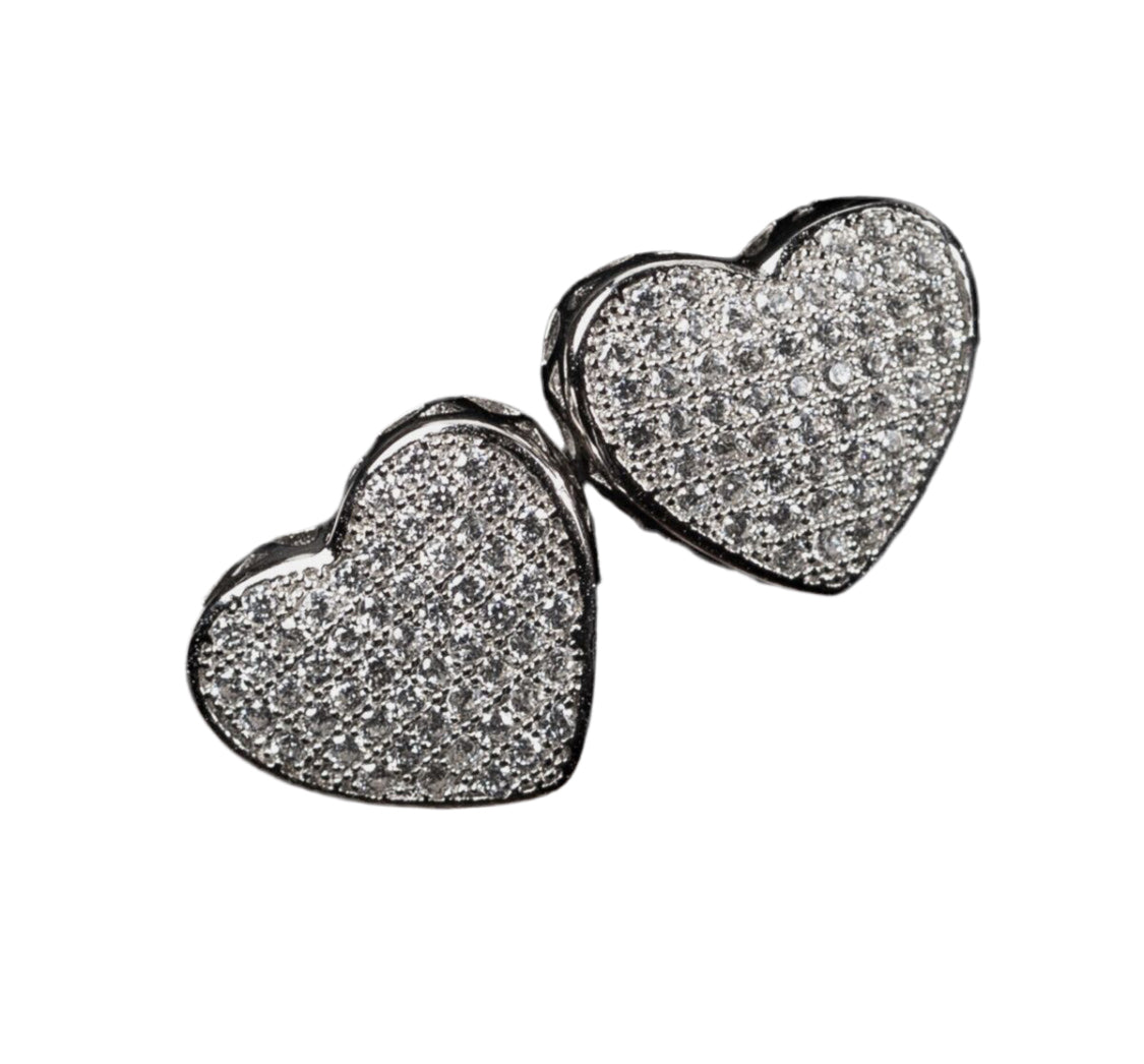 Pave diamond heart earrings in sterling silver
