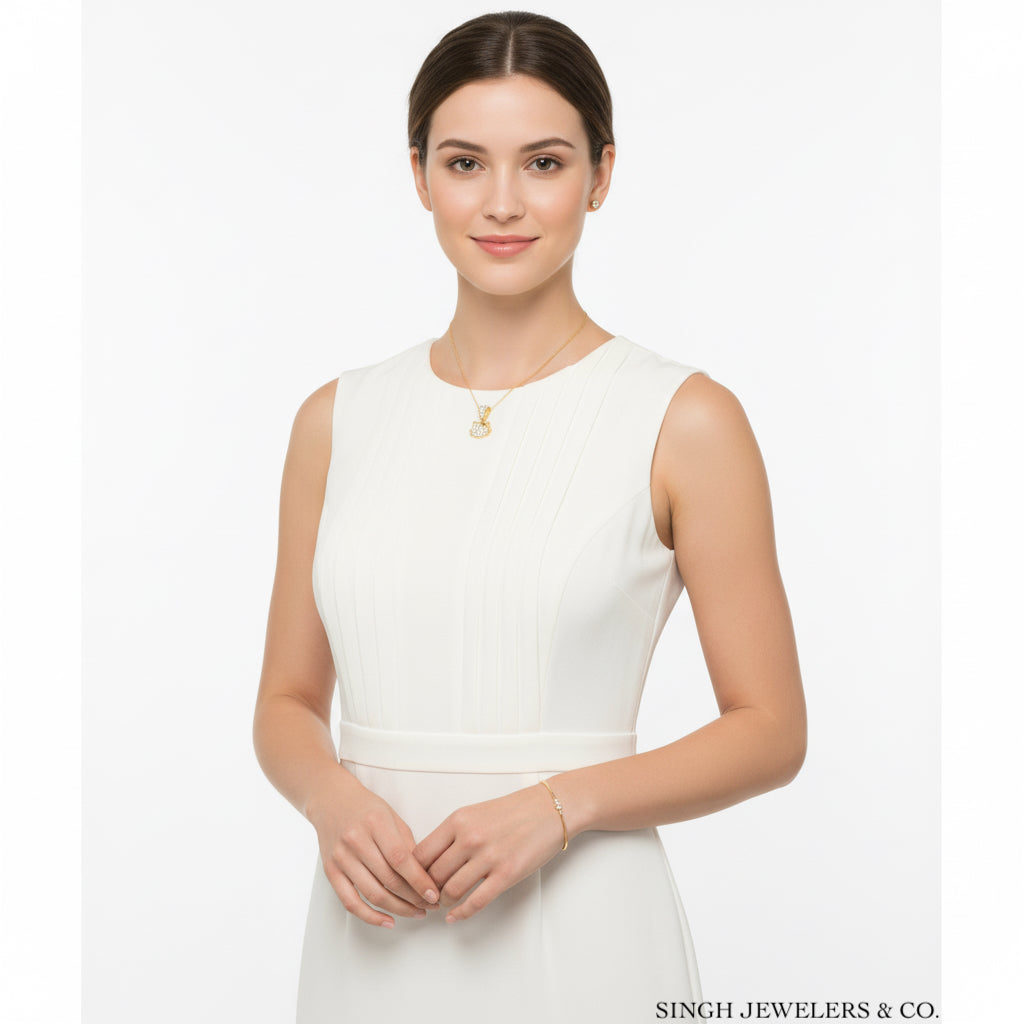 Woman wearing a white dress with a necklace on a plain background, branded 'Singh Jewelers & Co'.