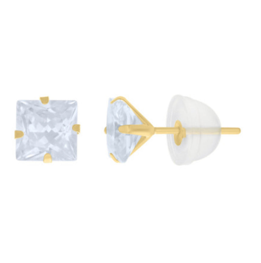 10k Yellow Gold 5mm Princess Cut Cubic Zirconium Studs
