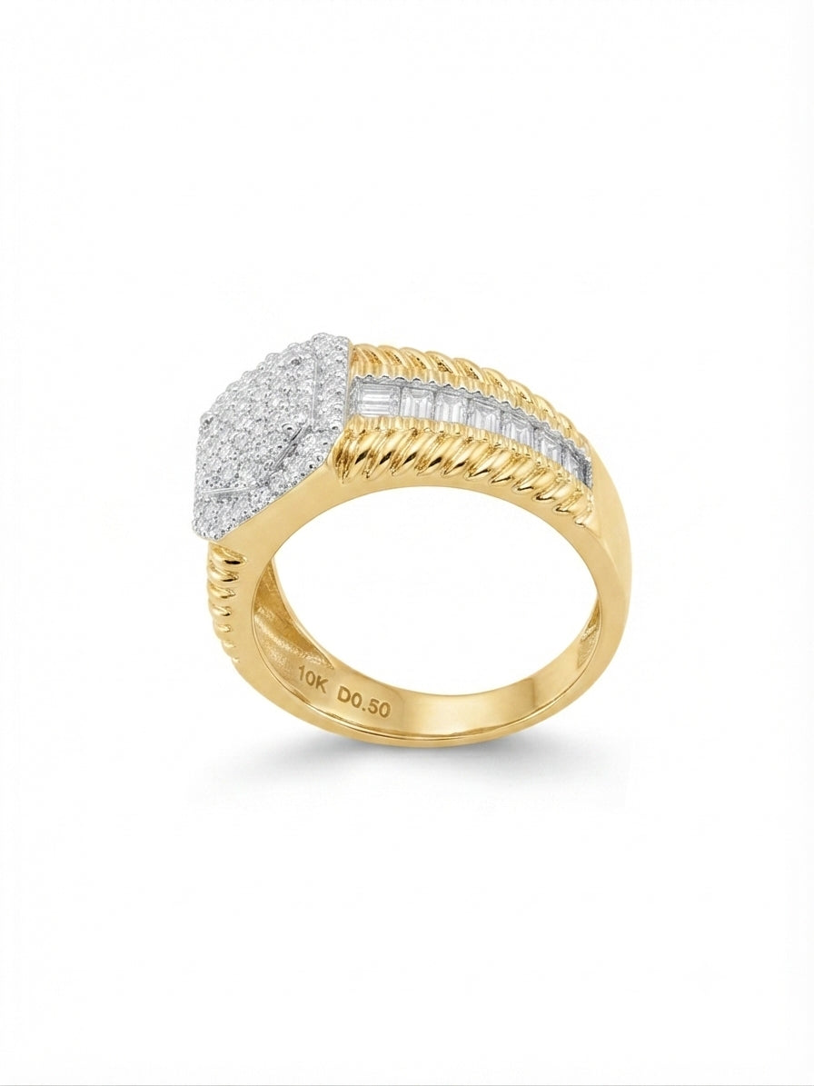 Men’s fashion diamond ring hexagon design in solid yellow gold