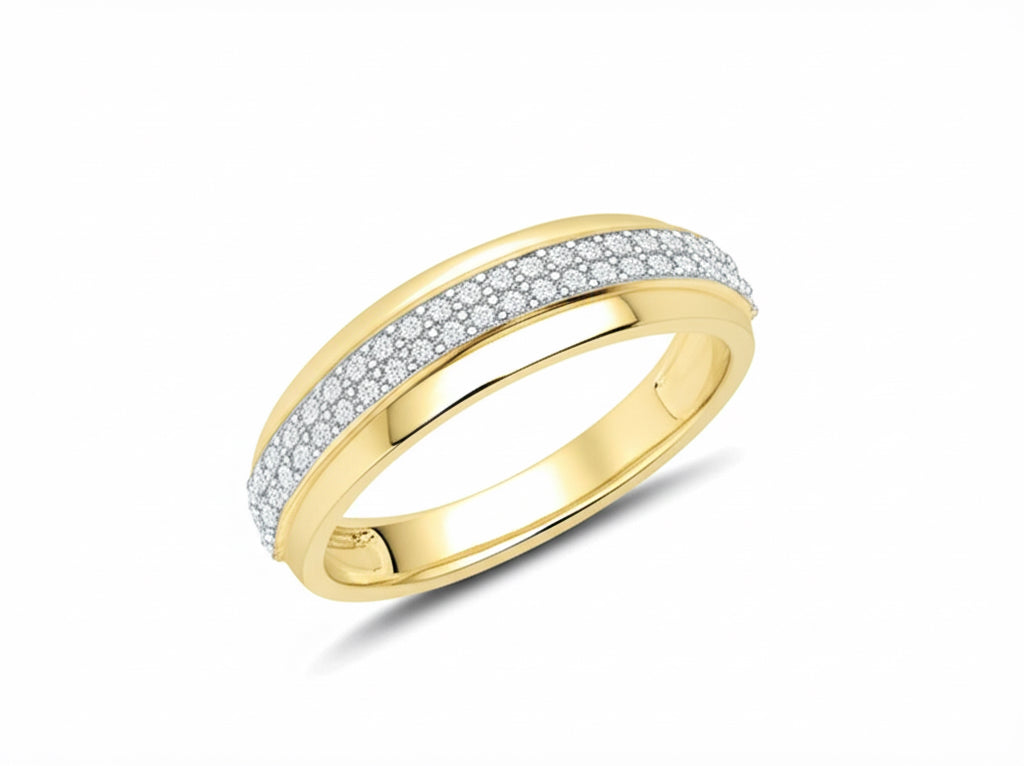 Gold ring with diamond accents on a white background