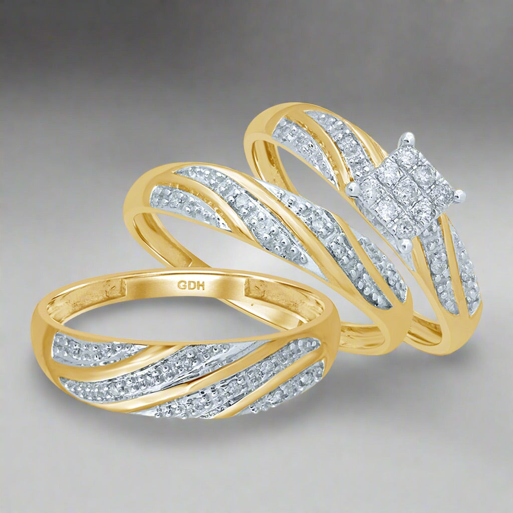 Matching 10K gold diamond trio ring set including his and her bands