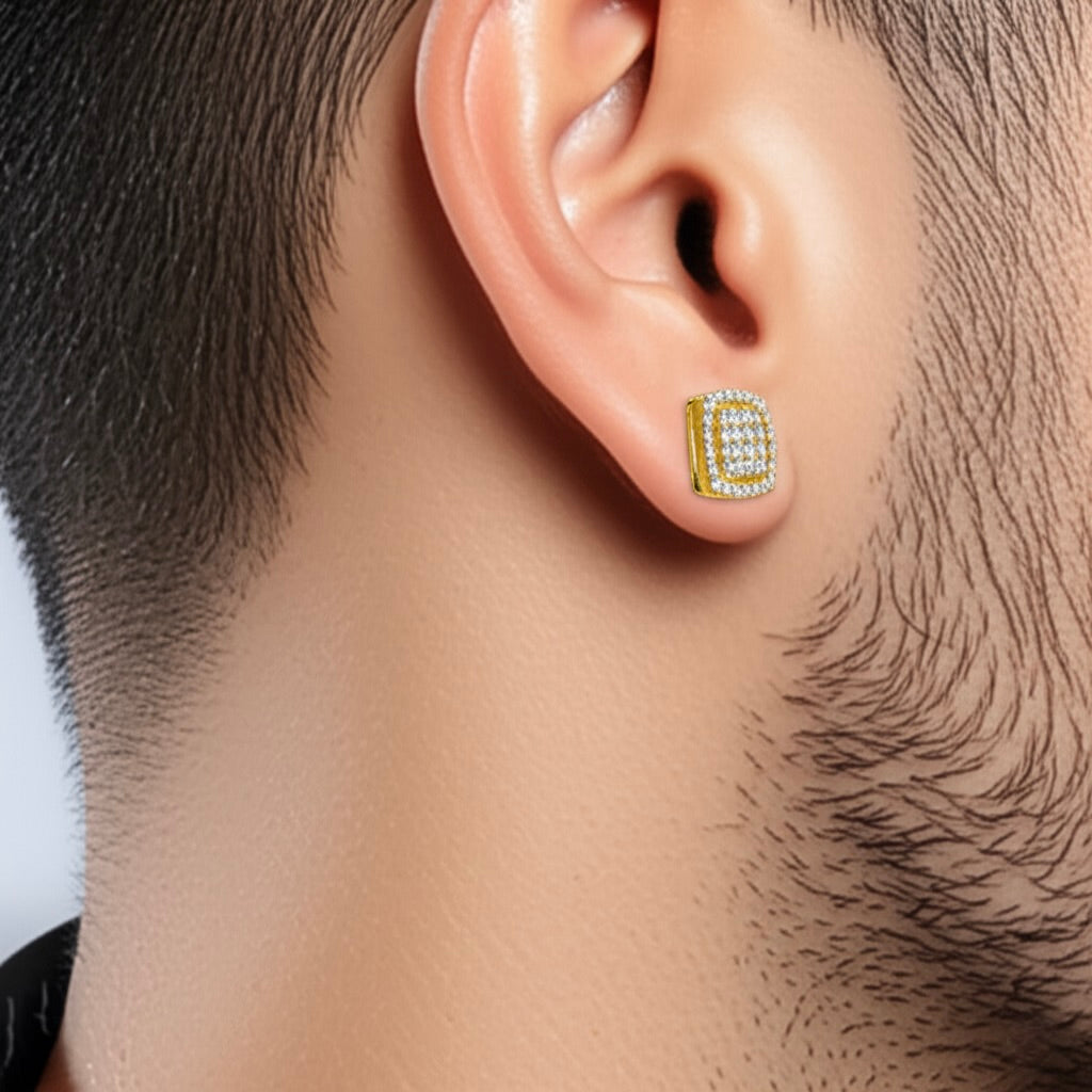 Man wearing 3/8 CTW cushion-cut natural diamond earring in 14K gold