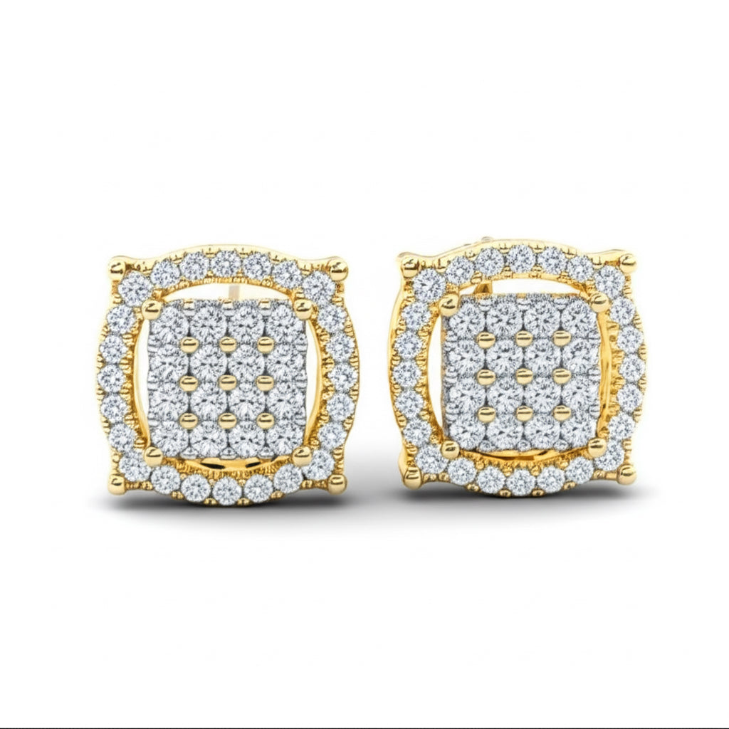 Gold and diamond earrings on a white background