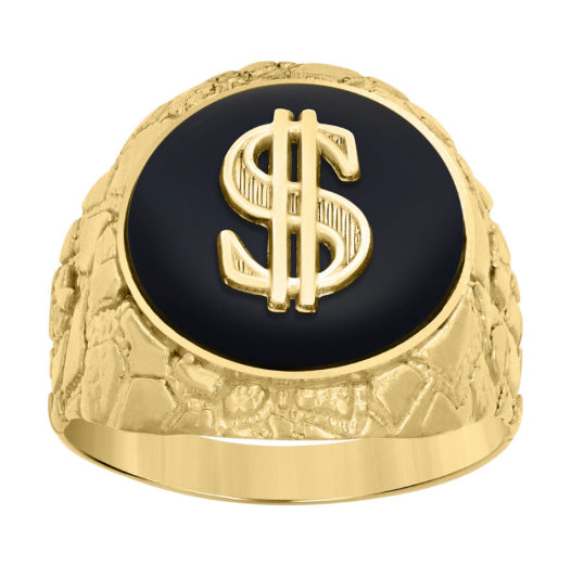 Men's bold dollar sign ring with black enamel and nugget texture, 10K yellow gold size 10.