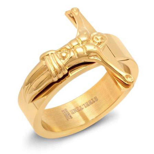 Men’s stainless steel crucifix ring with gold-tone finish