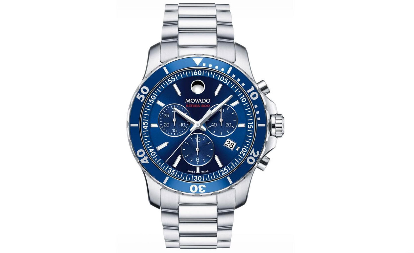 Silver watch with blue face on a white background