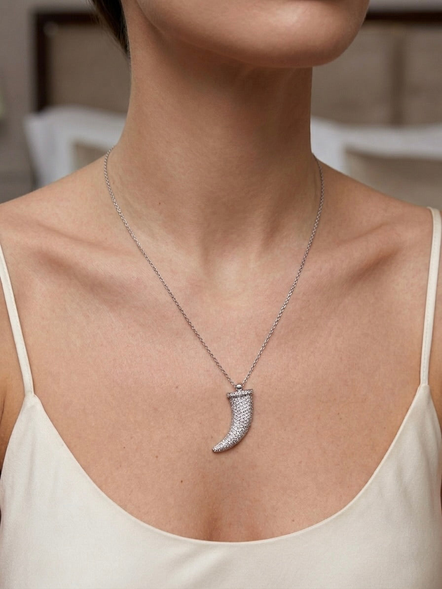 Men's Sterling Silver CZ Lion Tooth Necklace with polished finish