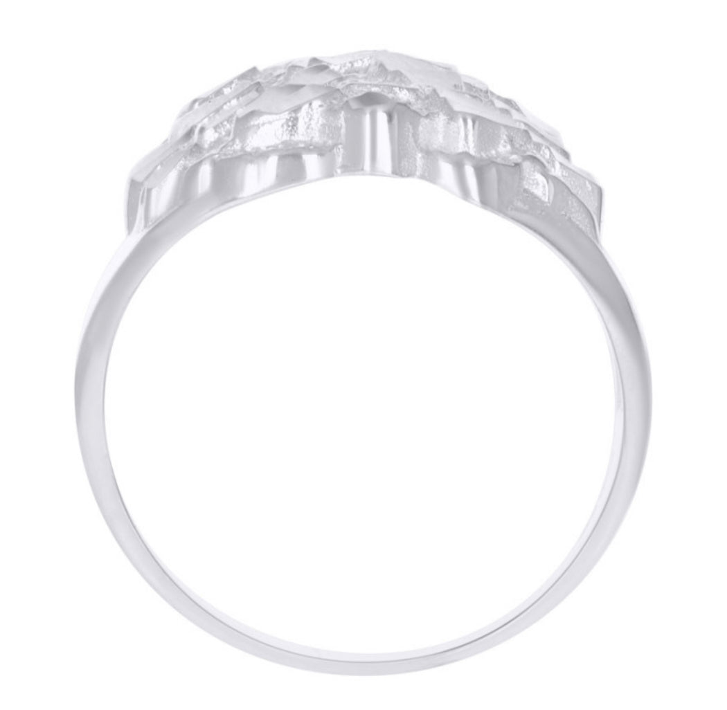 Silver ring with a detailed band on a white background