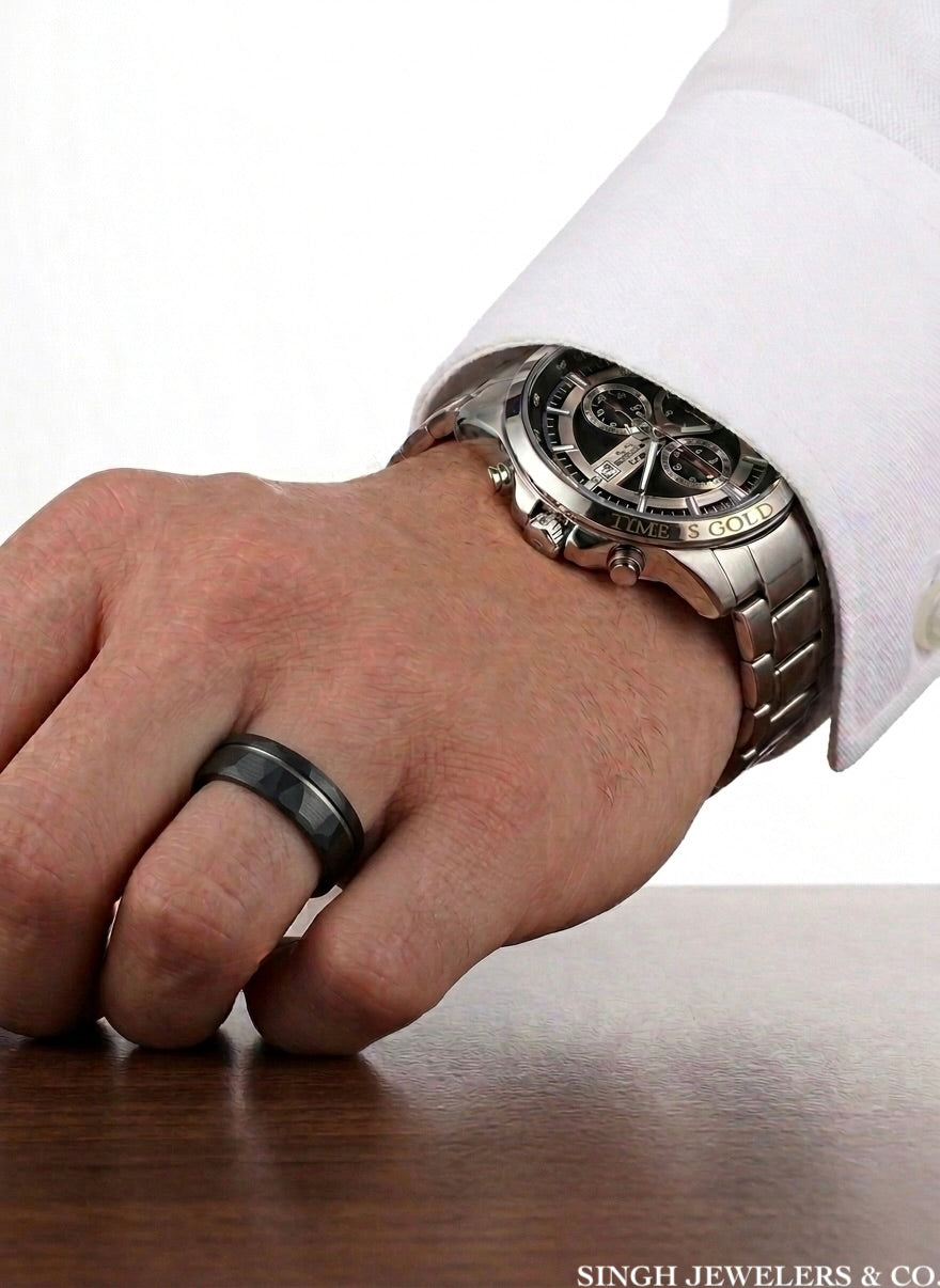 Durable tungsten wedding band on hand