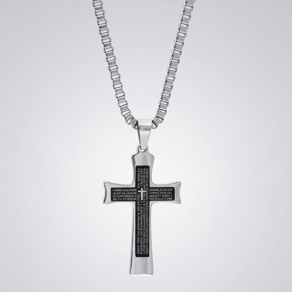 Two-tone stainless steel men’s prayer cross pendant necklace with 24-inch box chain