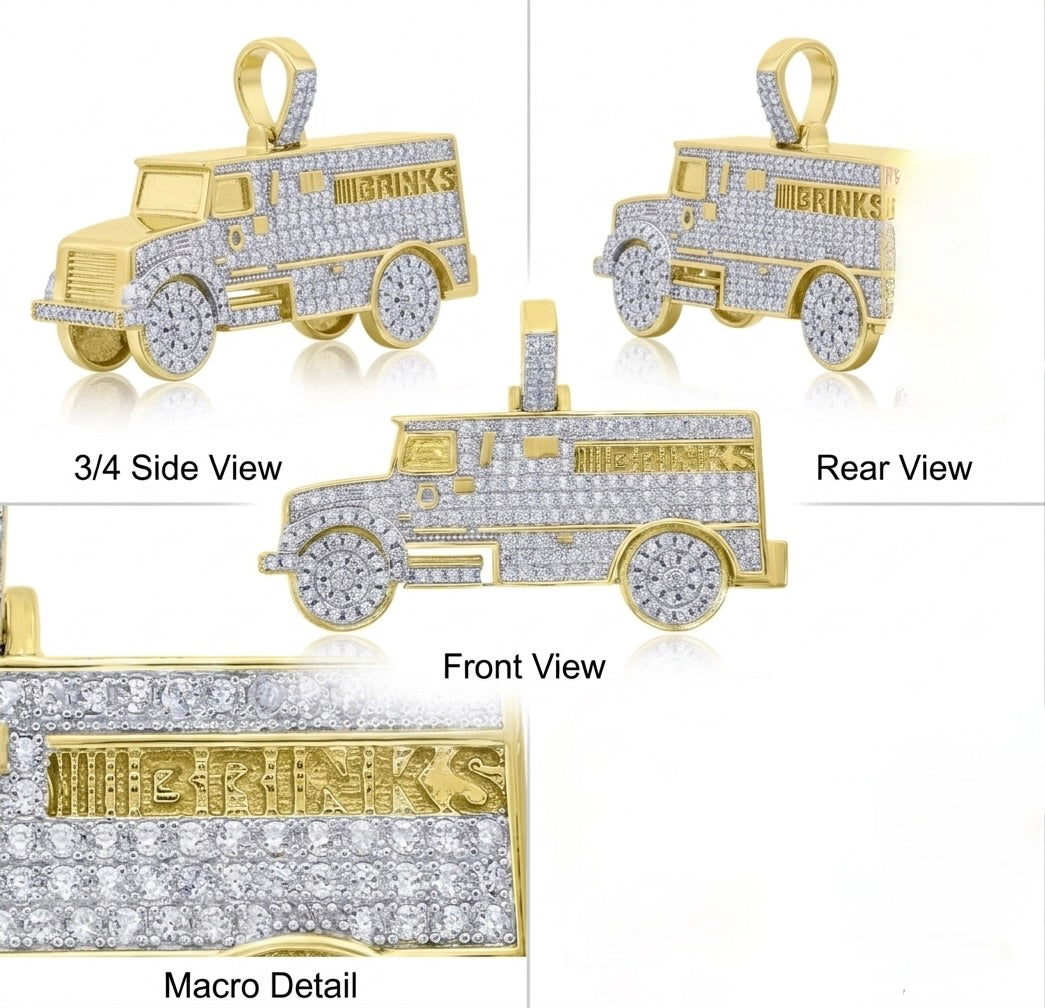 Men's yellow-tone 925 sterling silver armored vehicle pendant with round cubic zirconia stones different angles