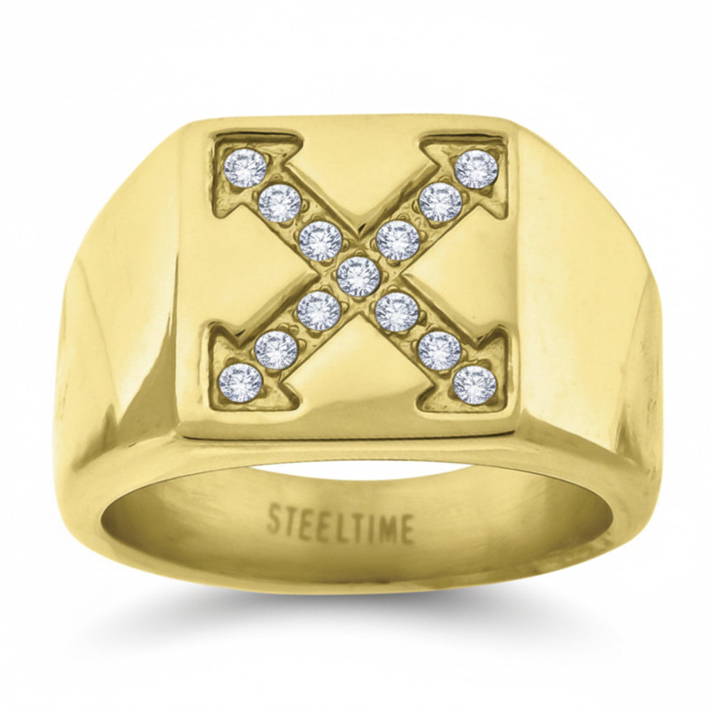 Men’s yellow-tone stainless steel ring with cubic zirconia