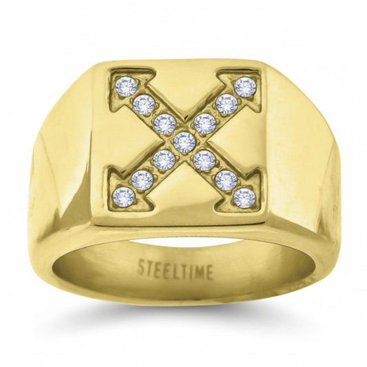 Men’s yellow-tone stainless steel ring with cubic zirconia