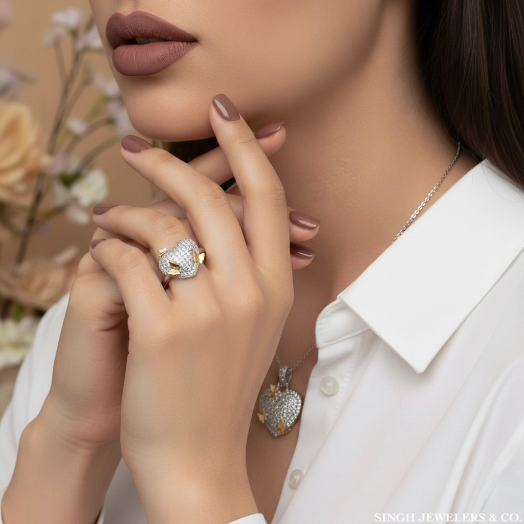 925 sterling silver yellow-tone cubic zirconia butterfly heart ring for women