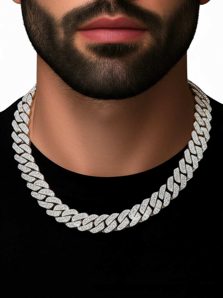 Model wearing sterling silver moissanite Cuban chain necklace, 22 inches long, 20mm wide, styled with casual outfit