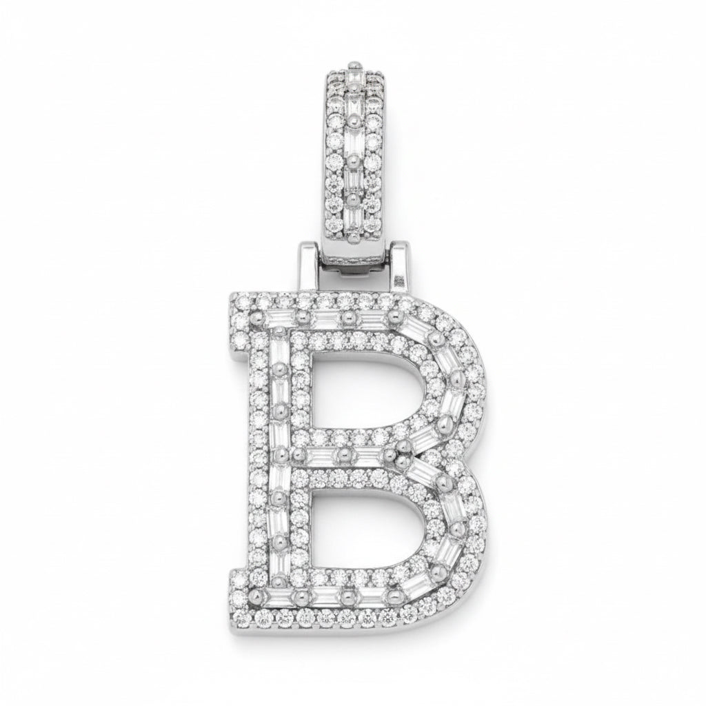 Sterling silver B letter pendant with round and baguette moissanite stones
