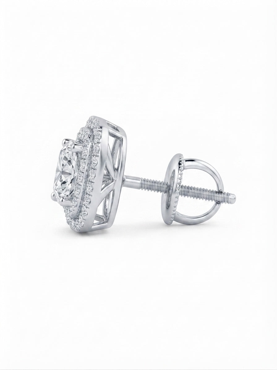 Side view of round moissanite halo stud earrings showing screw back closure