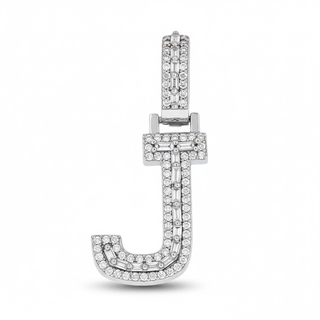 Sterling silver J letter pendant with 0.32ct round and 0.38ct baguette moissanites