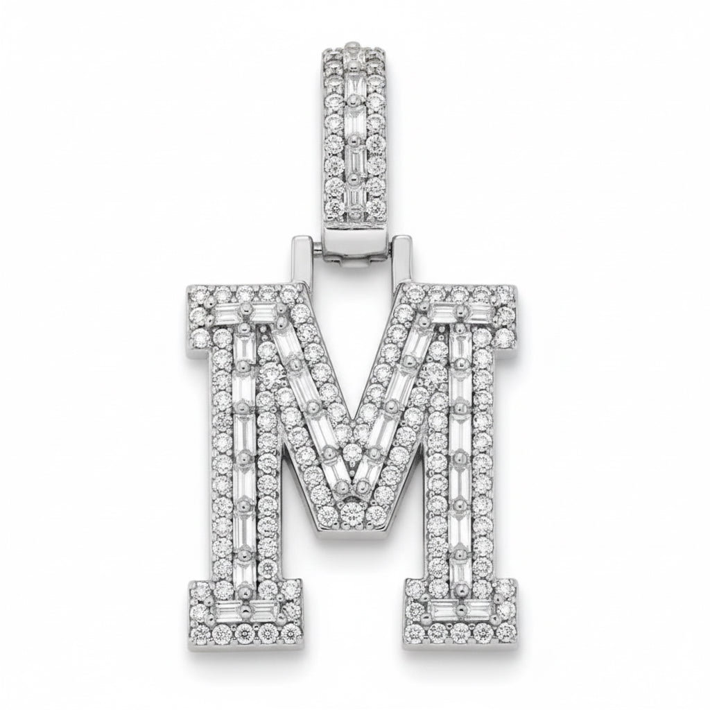 Sterling silver M letter pendant with 0.32ct round and 0.38ct baguette moissanites