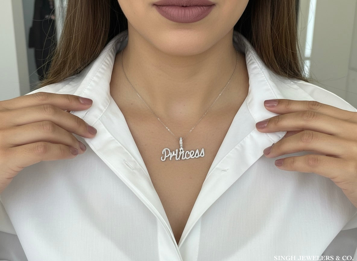 Moissanite Princess Pendant worn on model – Sparkling Elegant Necklace for Women