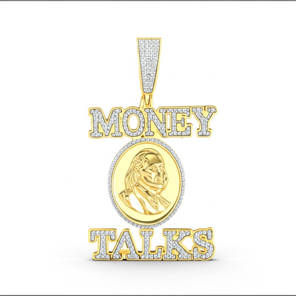 Gold pendant with 'Money Talks' text on a white background