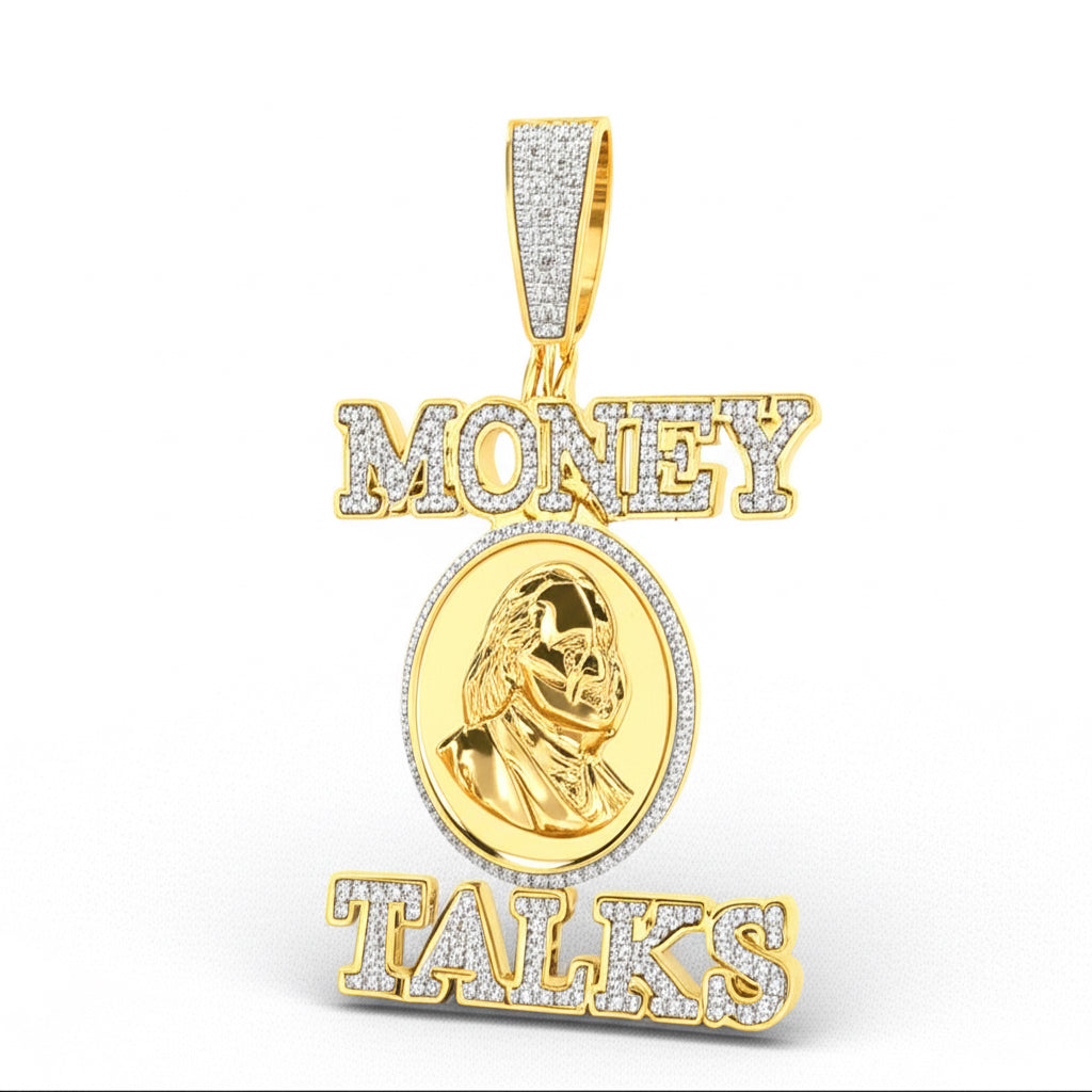 Gold pendant with 'Money Talks' text on a white background