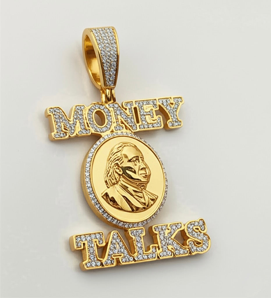 Gold pendant with 'Money Talks' text and Benjamin Franklin's portrait on a light gray background