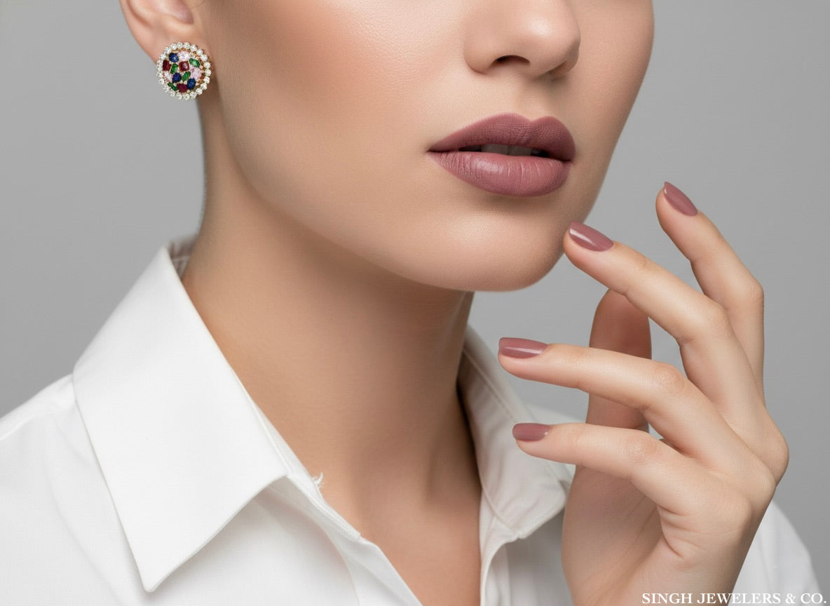 multi‑color sapphire and diamond round earrings in 14K gold