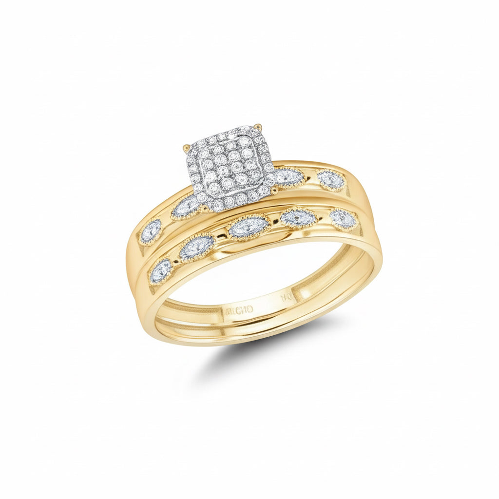 10K yellow gold engagement and wedding ring set with diamonds
