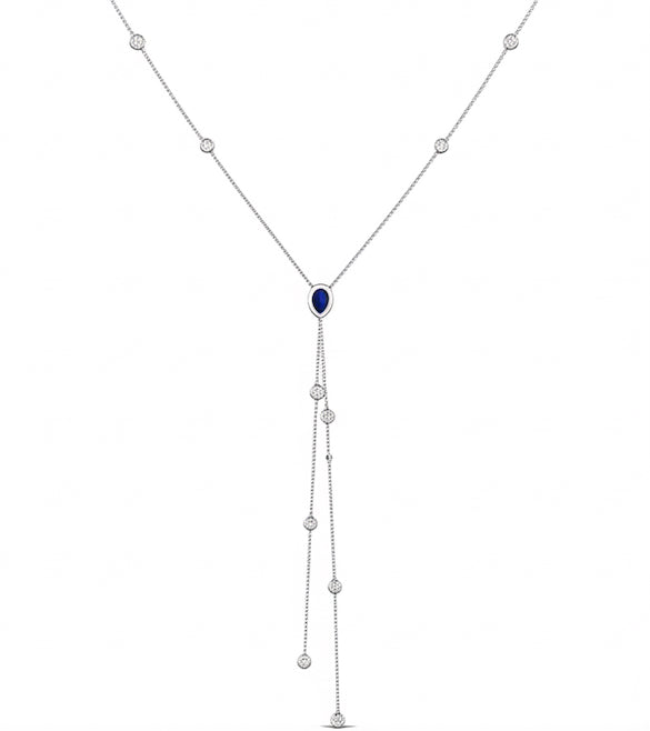 Silver necklace with a blue gemstone on a white background