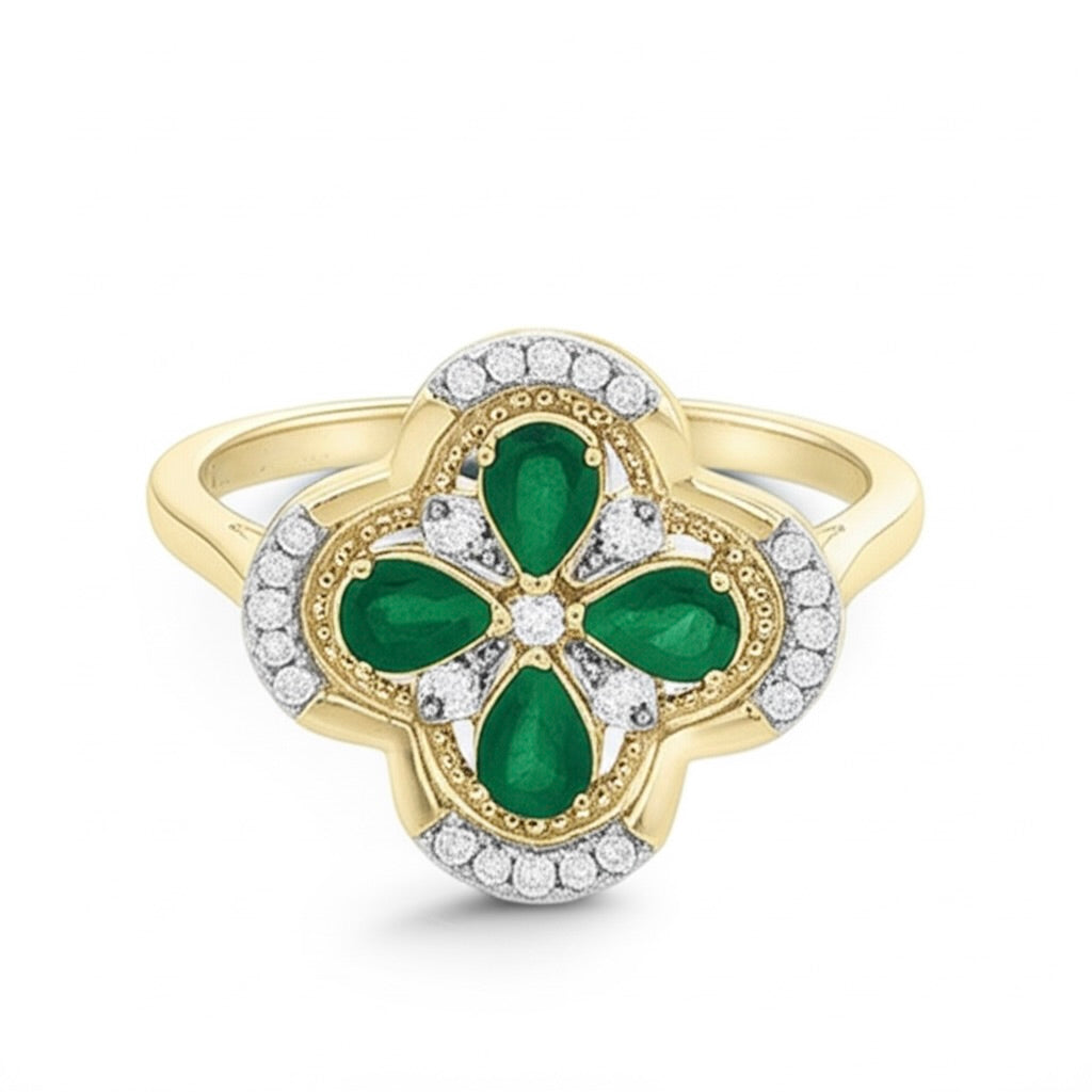 14k yellow gold clover ring with natural diamonds and emerald gemstones, 5/8CTW, size 7.