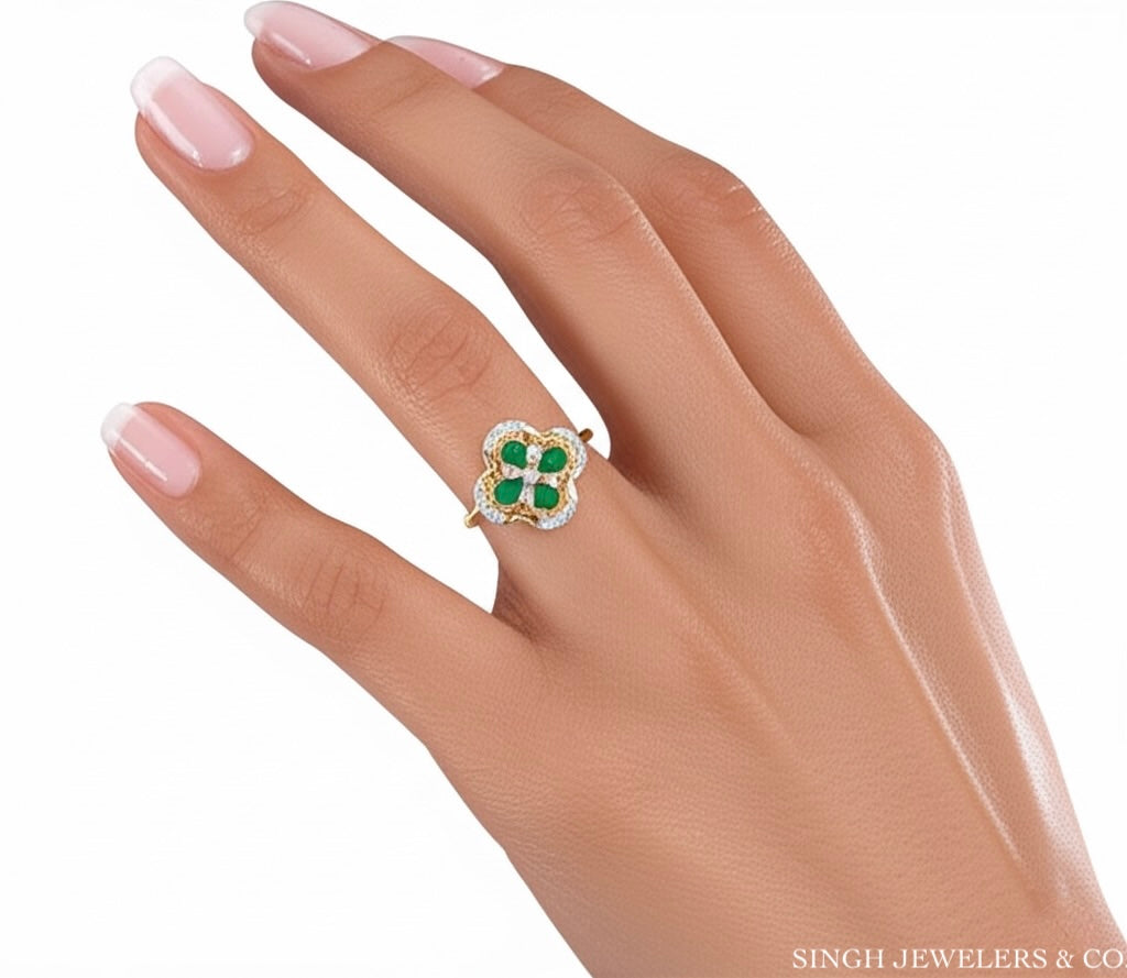 14K Gold Diamond & Emerald Clover Ring – 5/8 CTW