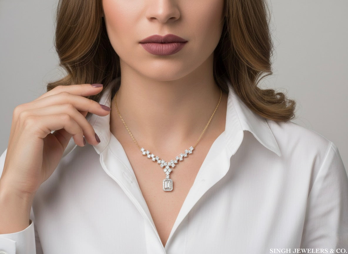 Natural diamond emerald necklace in 14K gold