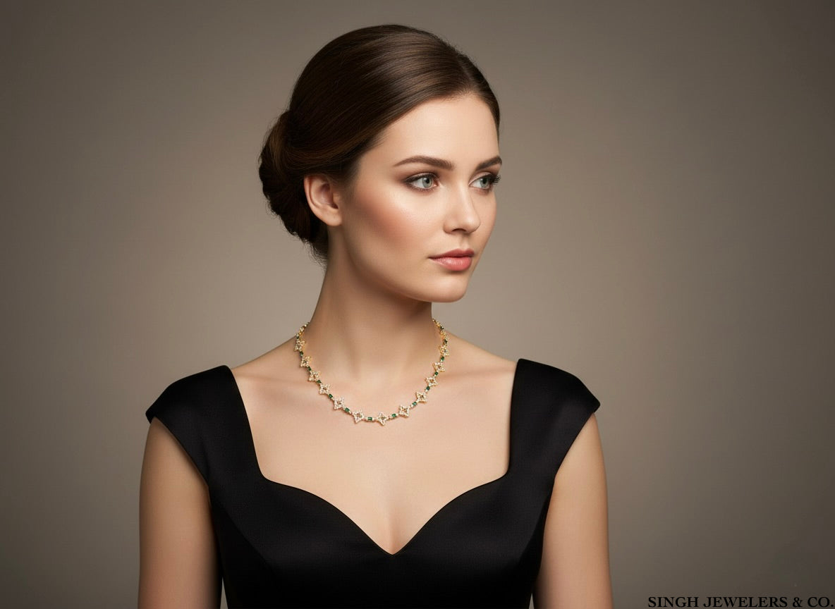 Woman wearing a necklace against a neutral background