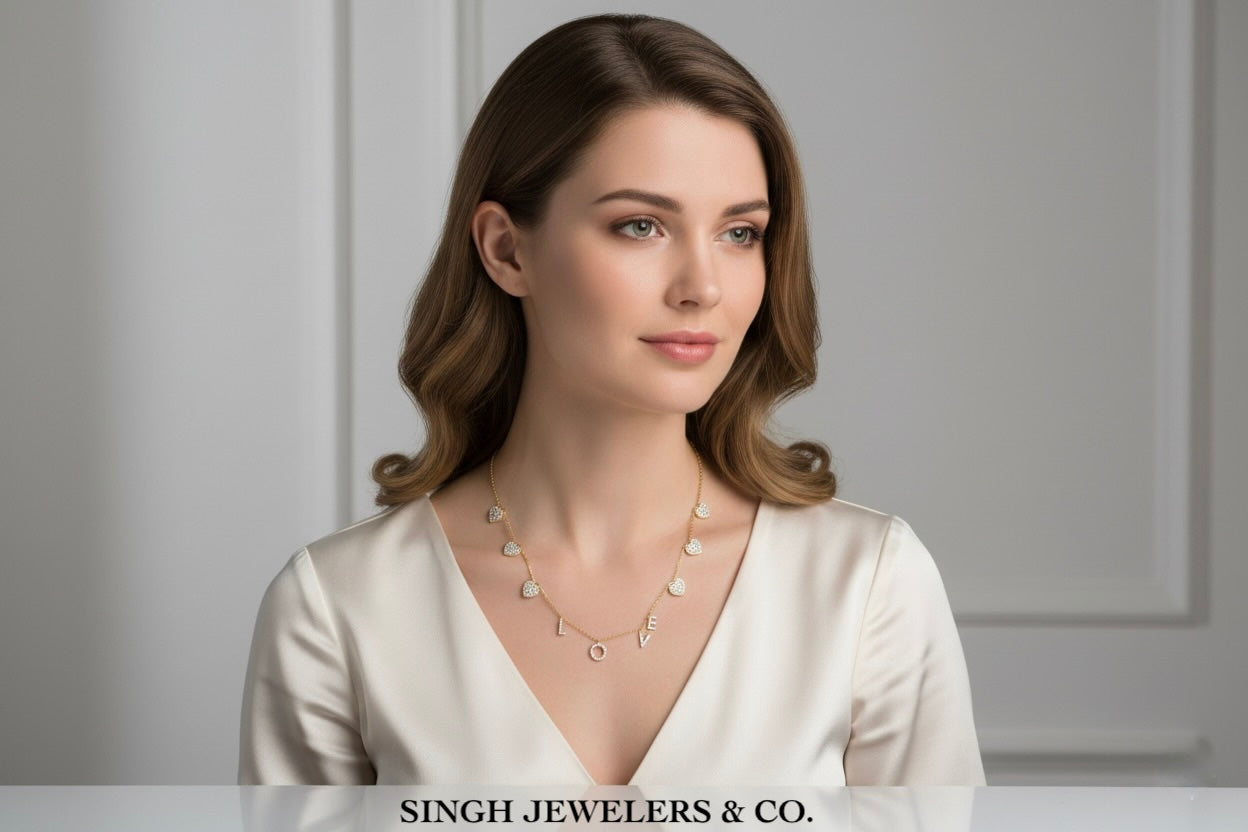 Woman wearing a necklace with a neutral background, featuring Singh Jewelers & Co.