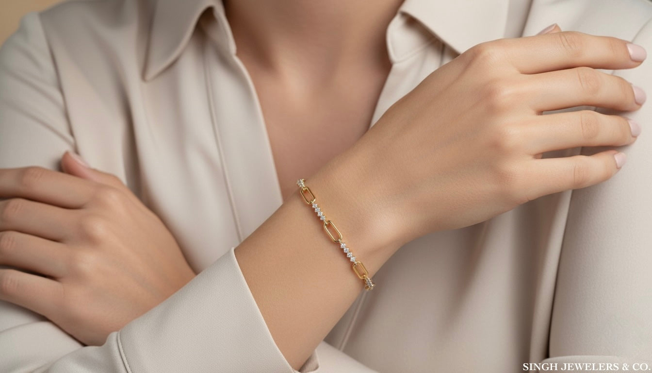 Close-up of a hand wearing a bracelet with a neutral background, featuring the brand 'SINGH JEWELERS & CO'.