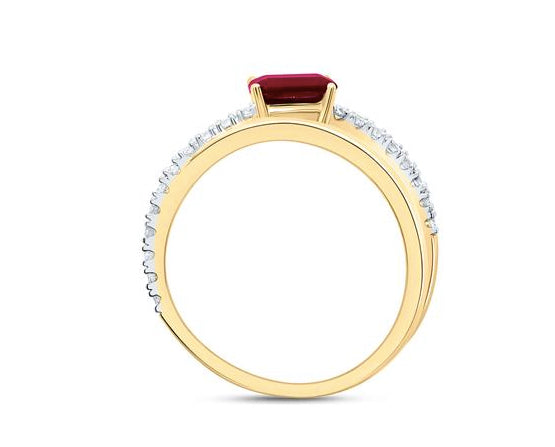 Elegant 14k yellow gold gemstone ring with diamond accents and emerald-cut center