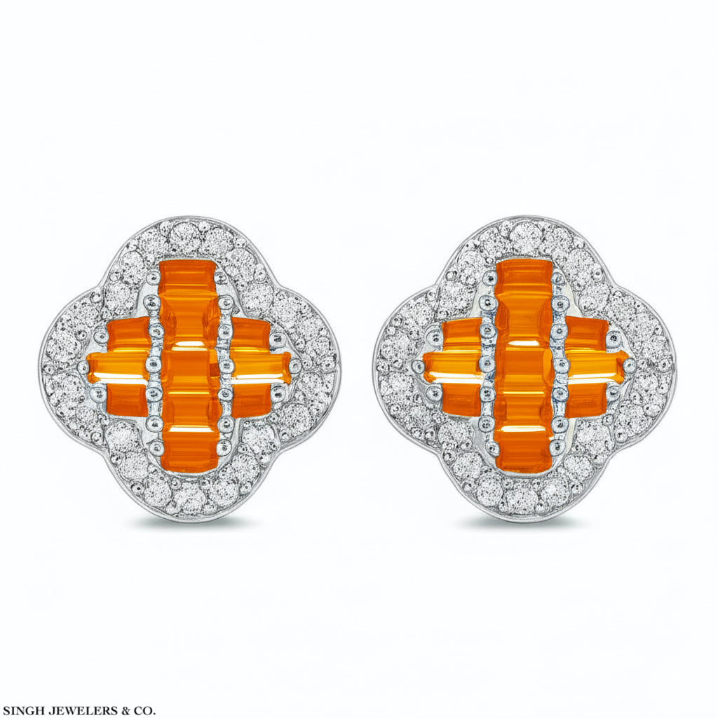 Sterling silver clover earrings with orange moissanite gemstones – 0.37 carat