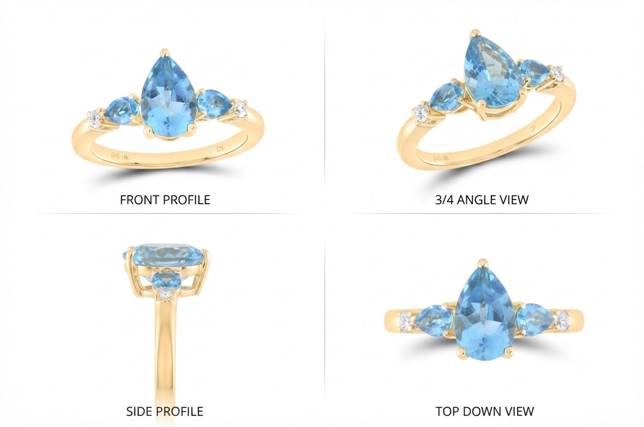 Close-up of a natural pear-shaped blue topaz and diamond ring in 14K gold